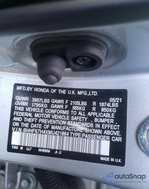 2021 Honda Civic Sport z USA, uszkodzony, nr VIN SHHFK7H4XMU421864